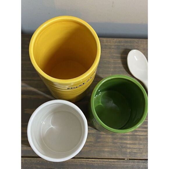 Pottery Barn 9 pc Ceramic BBQ Condiment Jars Spoons Mayonnaisemustard Relish - Picture 3 of 7